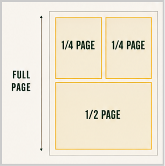 Diagram showing two quarter-page shoutouts above one half-page shoutout within a full yearbook page